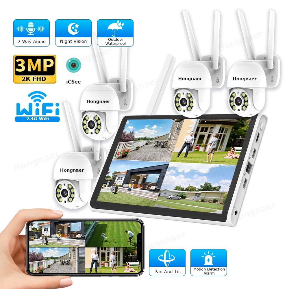 Home Security Cameras - ชุดกล้องวงจรปิดไร้สาย 2026 Hongnaer 3MP 4 ช่องสัญญาณ