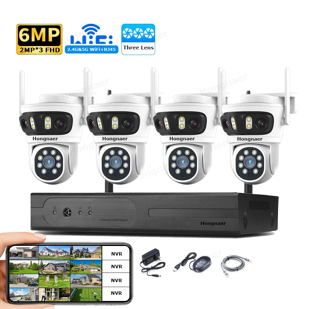 Home Security Cameras - ชุดกล้องวงจรปิดรักษาความปลอดภัยภายในบ้าน Hongnaer 6MP 4CH 3 เลนส์