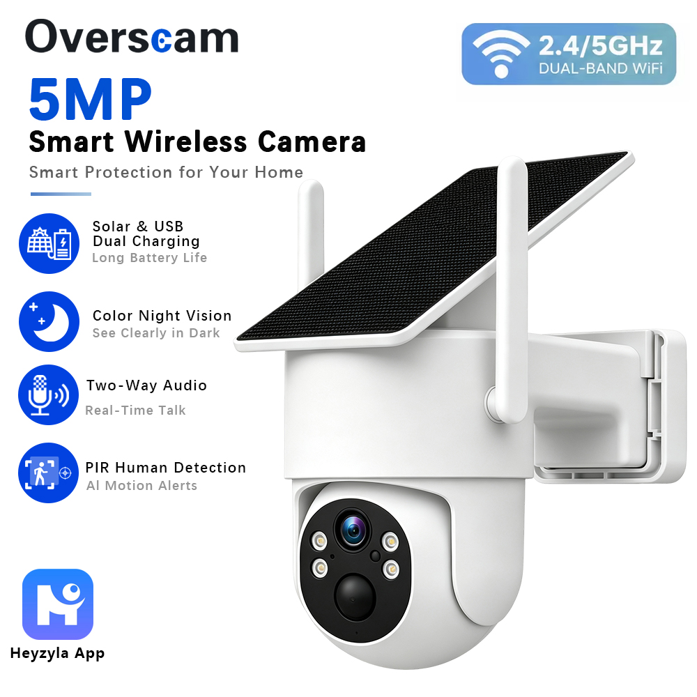 Home Security Kamera - กล้อง PTZ พลังงานแสงอาทิตย์ 5MP สำหรับการตรวจสอบบ้านแบบไร้สายกลางแจ้ง พร้อมแผงโซลาร์เซลล์แบบติดตั้งคงที่